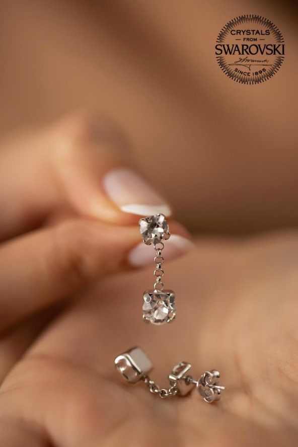 Swarovski Taşlı İki Taş Model Gümüş Crystal Küpe - 4