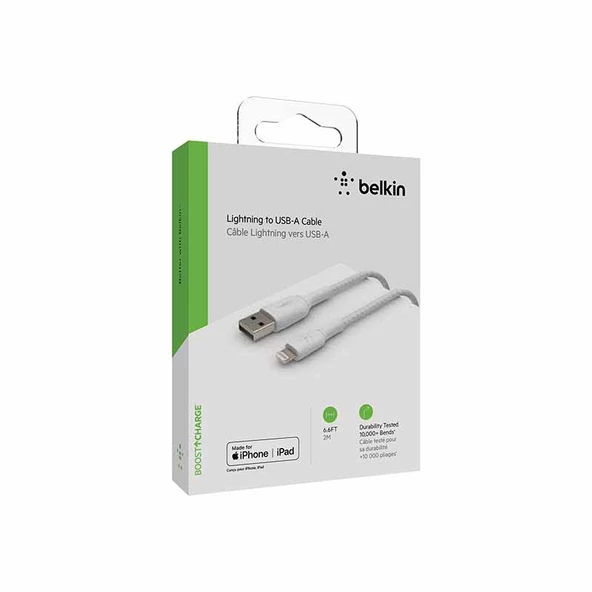 Belkin Örgülü Apple Lightning Hızlı Şarj Ve Data Kablosu 2M Beyaz