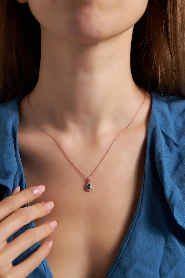 Damla Model Mistik Topaz Taşlı Rose 925 Ayar Gümüş Kaplama İtalyan Kolye - 2