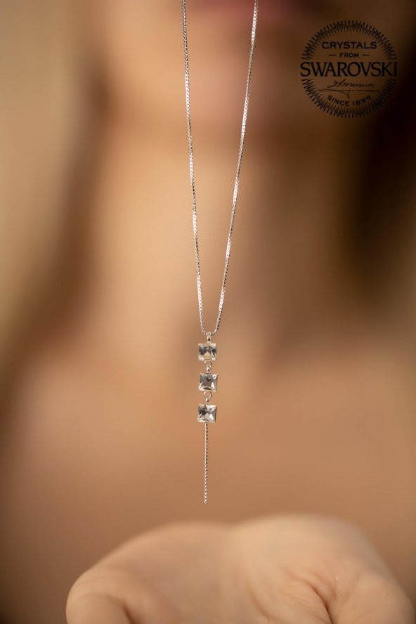 Swarovski Taşlı Üç Taş Model Gümüş Crystal Kolye - 4