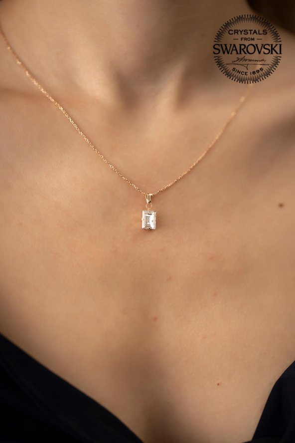 Swarovski Taşlı Baget Model Rose Kaplama Gümüş Crystal Kolye
