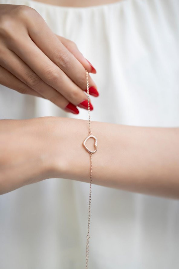 Kalp Model Zirkon Taşlı Rose Kaplama Gümüş Bileklik - 2