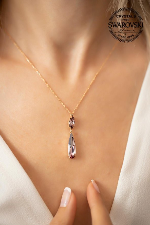 Swarovski Taşlı Mekik ve Damla Model Rose Kaplama Gümüş Crystal Kolye