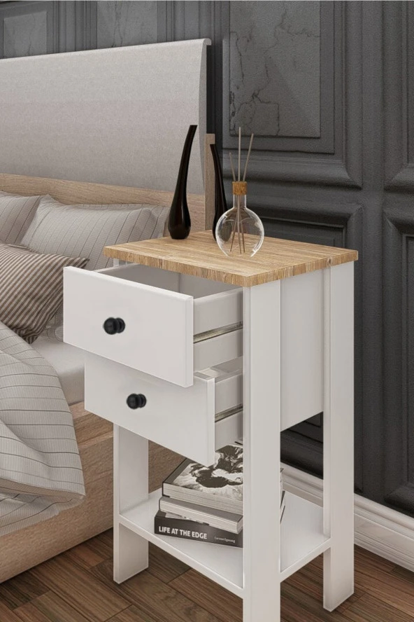 Ünüvar Konsept Retro Çift Çekmeceli Komodin Beyaz - Meşe (Nokta Kulp) - Resim 2