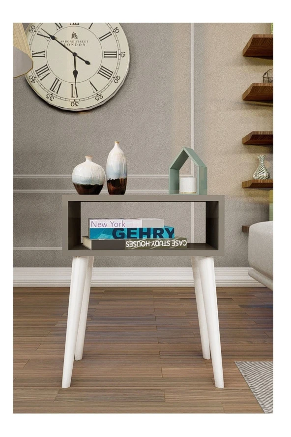 Ünüvar Konsept Başucu Yan Sehpa Antrasit Komodin Beyaz Ayak