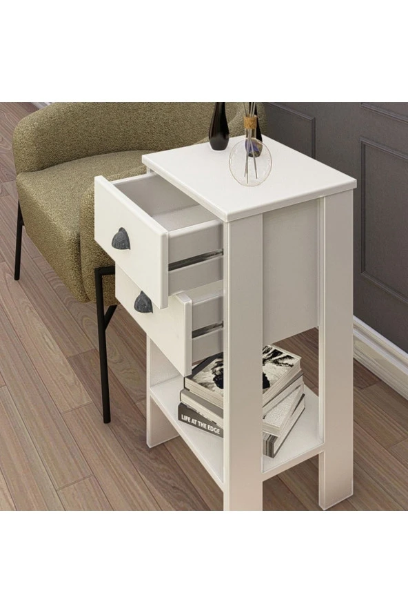 Ünüvar Konsept Retro Serisi, Çift Çekmeceli Beyaz Komodin - 3