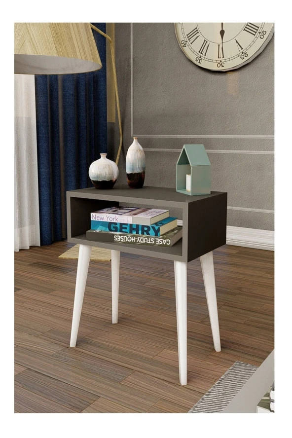 Ünüvar Konsept Başucu Yan Sehpa Antrasit Komodin Beyaz Ayak - 3