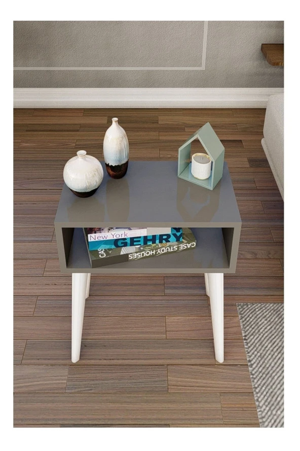 Ünüvar Konsept Başucu Yan Sehpa Antrasit Komodin Beyaz Ayak - 4