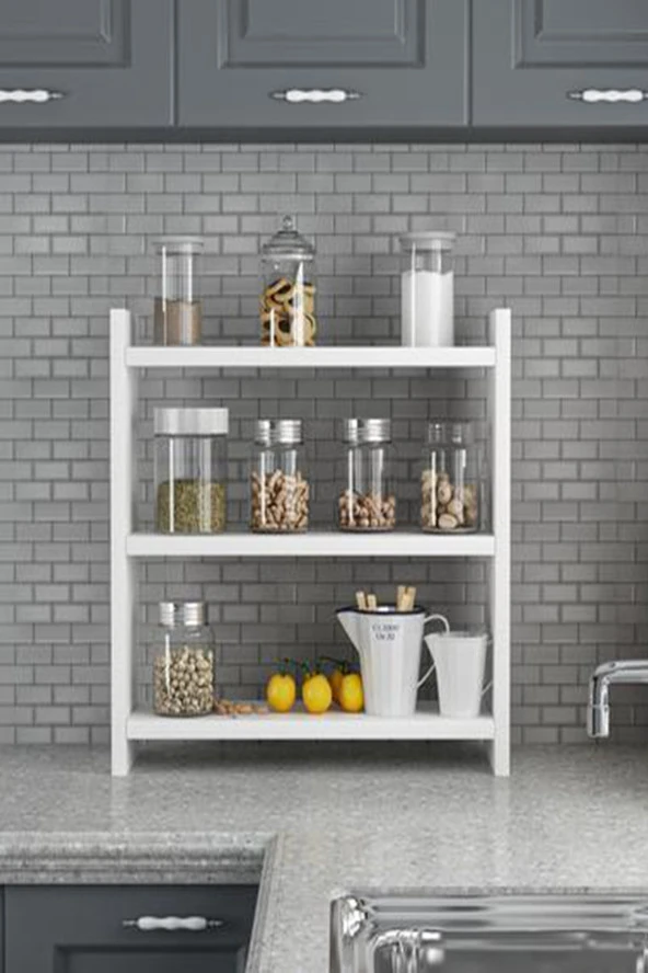 Karnaval Home Beyaz Renk 3 Katlı Modern Ahşap Mdf Tezgah Üstü Mutfak Baharatlık Rafı - 2