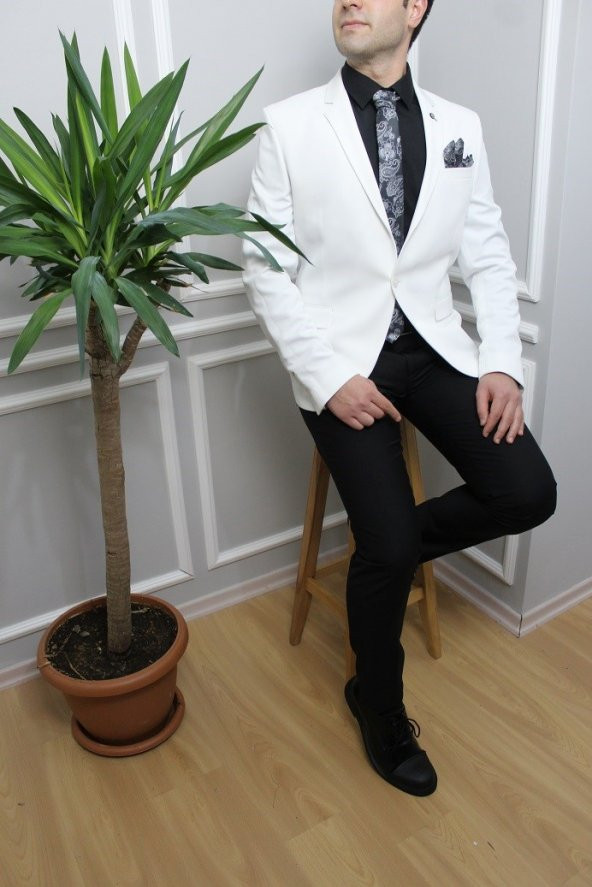 Beyaz Yarım Astar,Blazer Tek Ceket Mono Yaka Slim Ck1046-Agustini