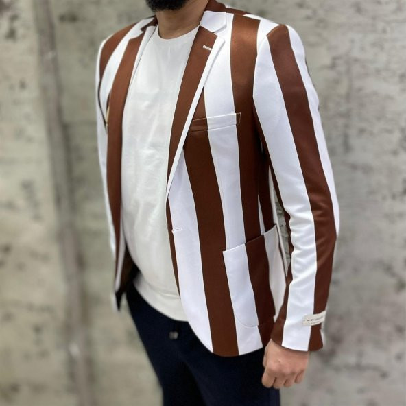 Kahverengi Beyaz Şerit Desen Torba Cep Blazer Tek Ceket Slim Fit | Agustini