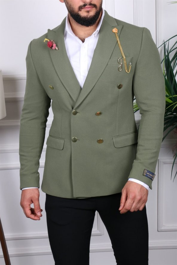 Yeşil Blazer Tek Ceket Sivri Yaka İtalyan Stil Slim Fit | Agustini