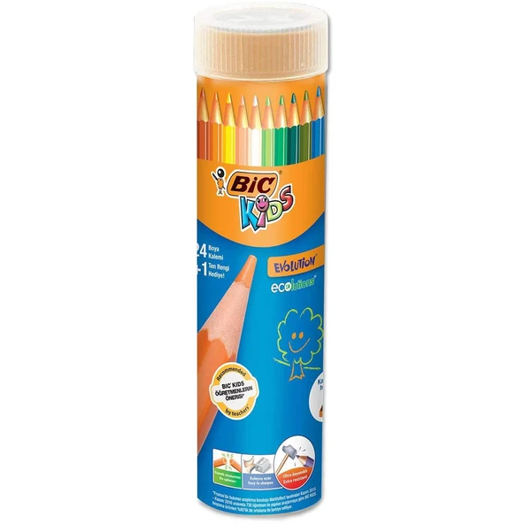 BIC Evolution Kuru Boya Kalemi 24+1 Renkli Kalemtraş Hediyeli Metal Tüp Boya Kalemi