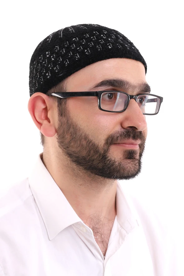 Kışlık Kadife Takke Hasır Desen - Siyah-Beyaz