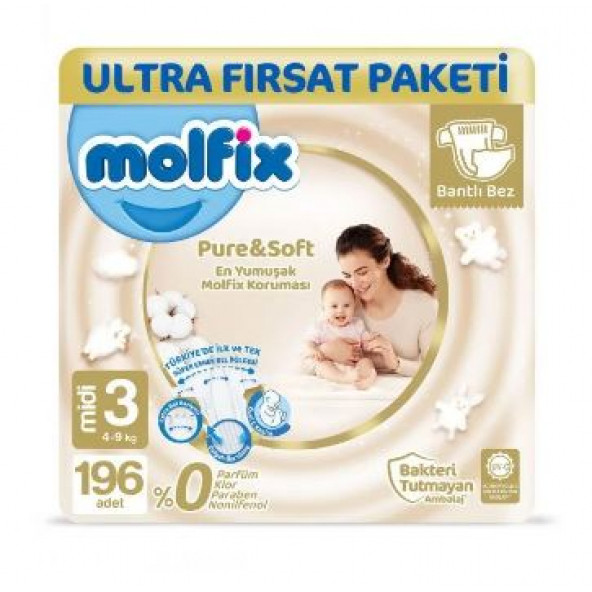 Molfix Pure&Soft Bebek Bezi 3 Beden Midi Ultra Fırsat Paketi 196Adet