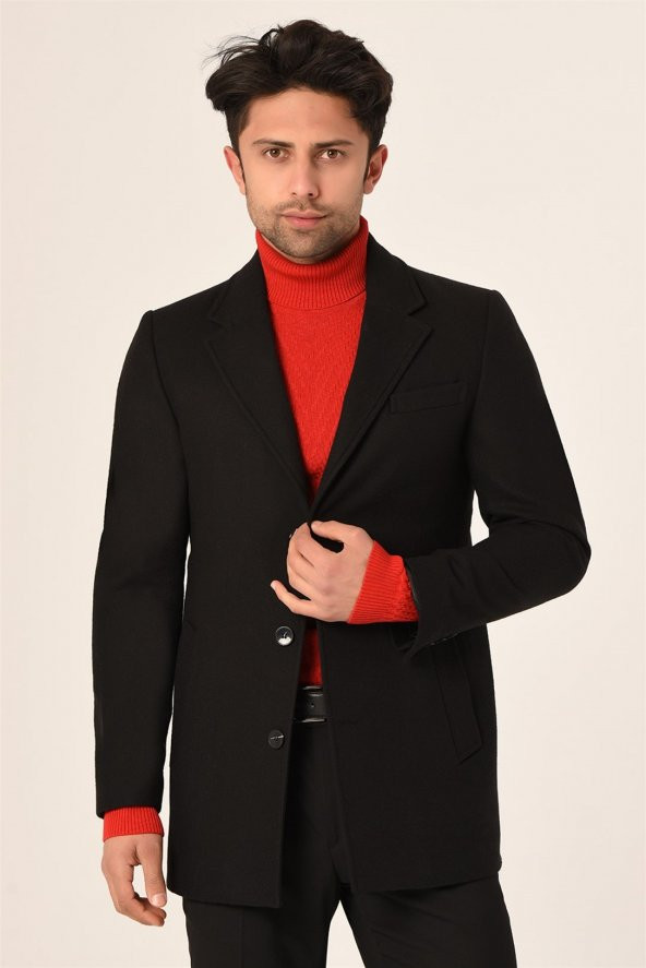 Erkek Siyah Kaşe Kaban Slim Fit | Agustini