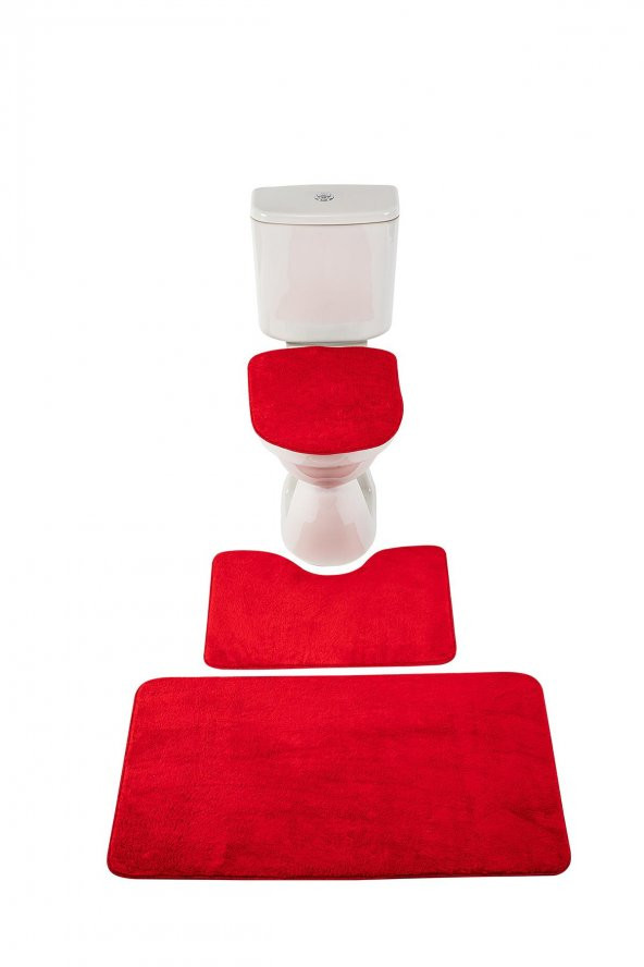 Hayel Home Plain Kırmızı 3lü Set Kaymaz Tabanlı Klozet Takımı Banyo Paspas Seti Halısı