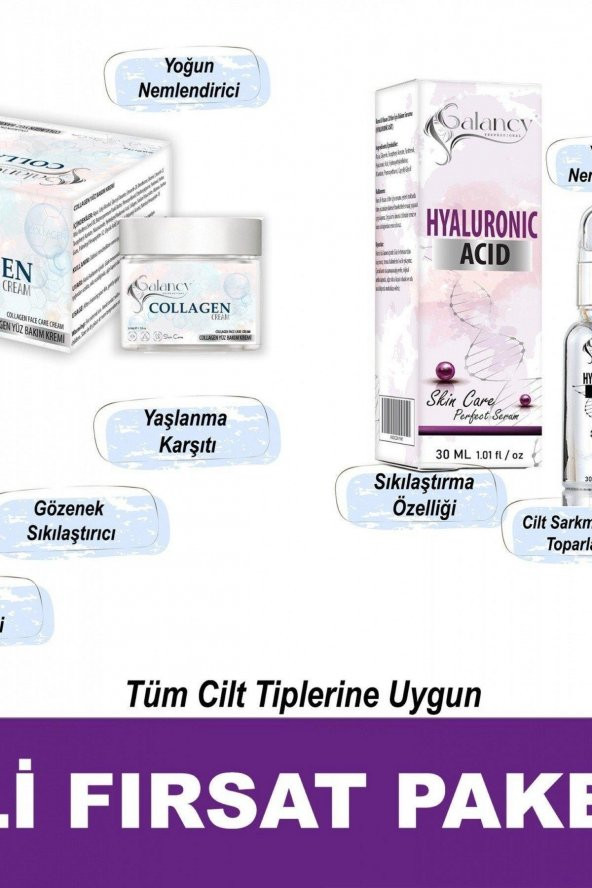 Hyaluronic Acid Serum 30ML + Kolajen Krem Canlandırıcı Cilt Tonu Eşitleyici 50ML 2li Set