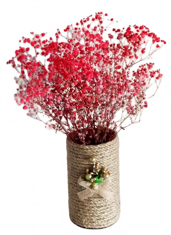 Hasır Vazoda Kırmızı Cipso Doğal Kuru Çiçek Süs
