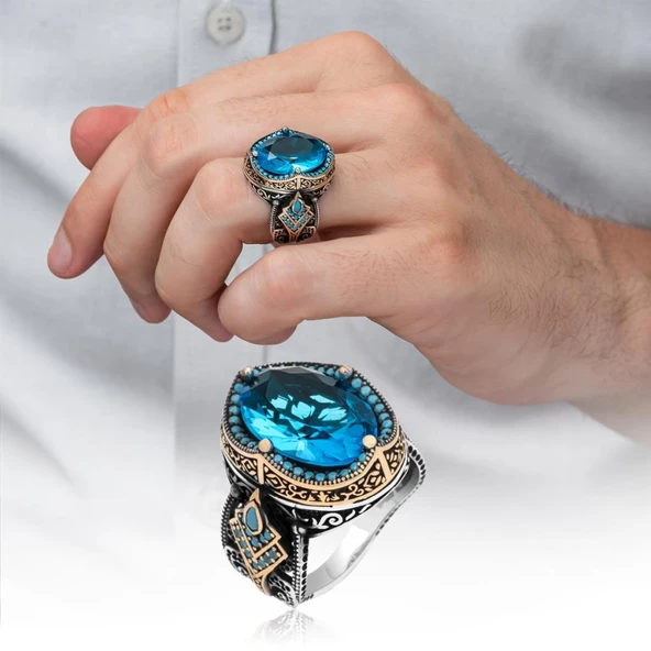 Aqua Mavi Taşlı 925 Gümüş Erkek Yüzük - Resim 10