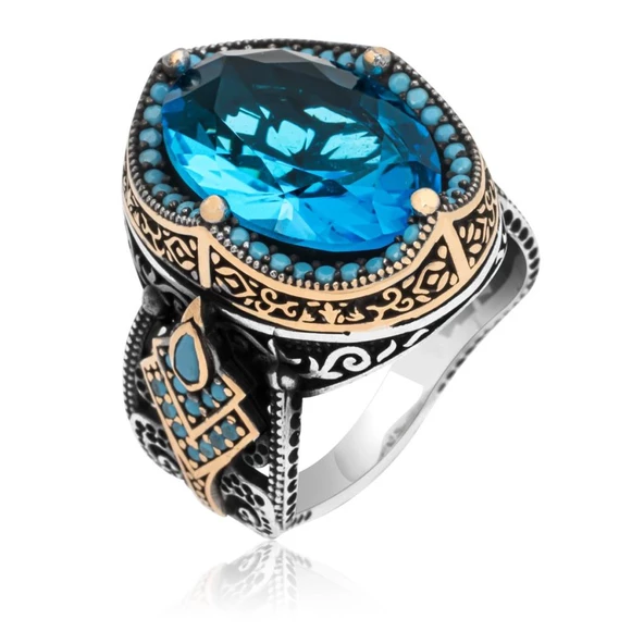 Aqua Mavi Taşlı 925 Gümüş Erkek Yüzük - Resim 12