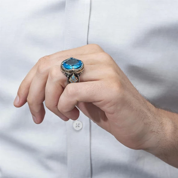 Aqua Mavi Taşlı 925 Gümüş Erkek Yüzük - Resim 5