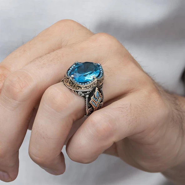 Aqua Mavi Taşlı 925 Gümüş Erkek Yüzük - Resim 4