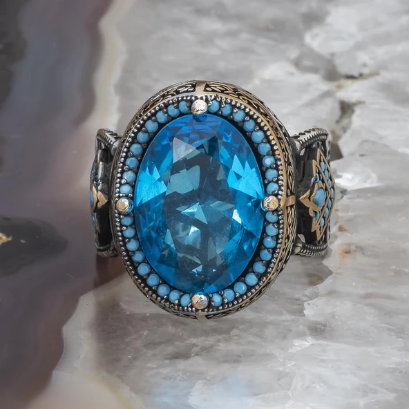 Aqua Mavi Taşlı 925 Gümüş Erkek Yüzük - Resim 11