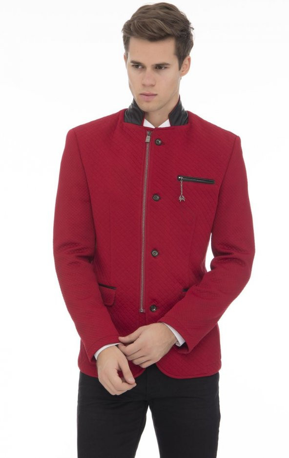 CEKMON Erkek Dik Yaka Yakası Derili Kare Desenli Kruvaze Fermuarlı Blazer Ceket