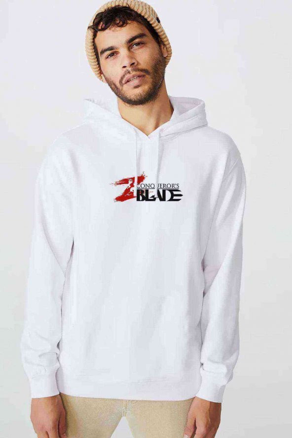 CONQUEROR BALDE Baskılı Beyaz Erkek Kapşonlu Sweatshirt