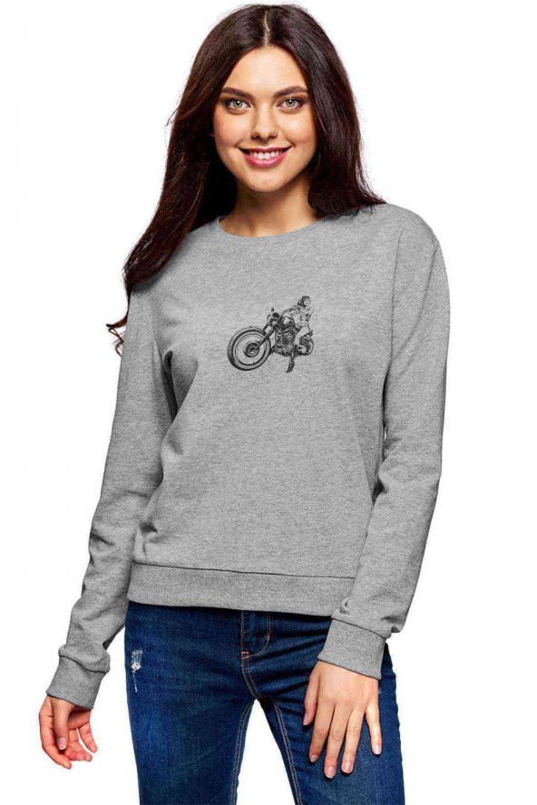 Motorcycle Girl Logo Baskılı Gri Kadın Sweatshirt