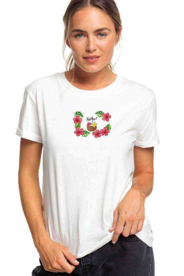 Red Tropical Flower Baskılı Beyaz Kadın Tshirt