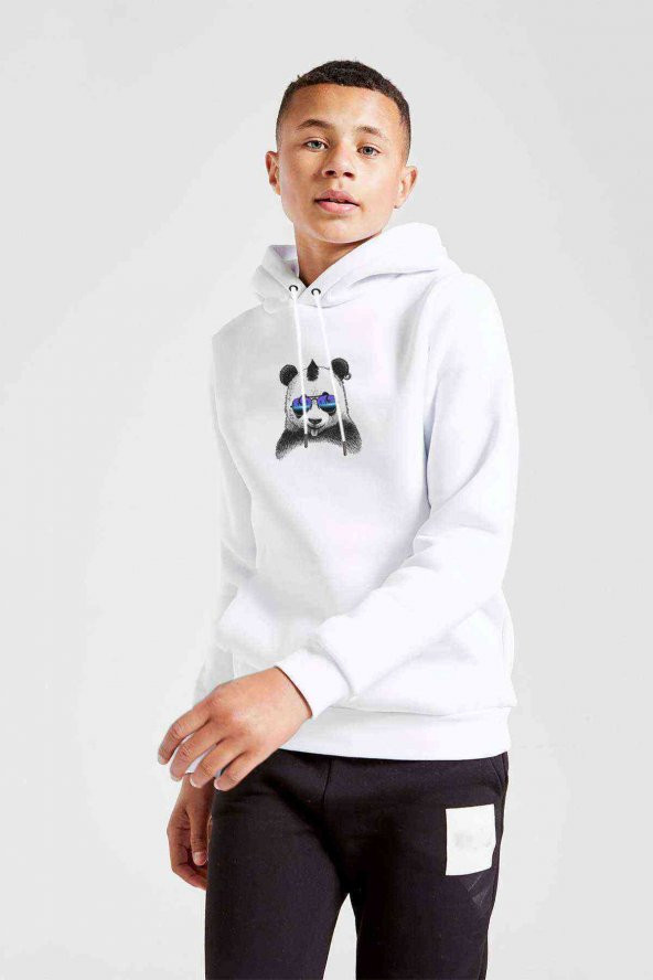 Thor Hummers Neatoshop Dj Punk Panda Baskılı Unisex Çocuk Kapüşonlu Beyaz Sweatshirt