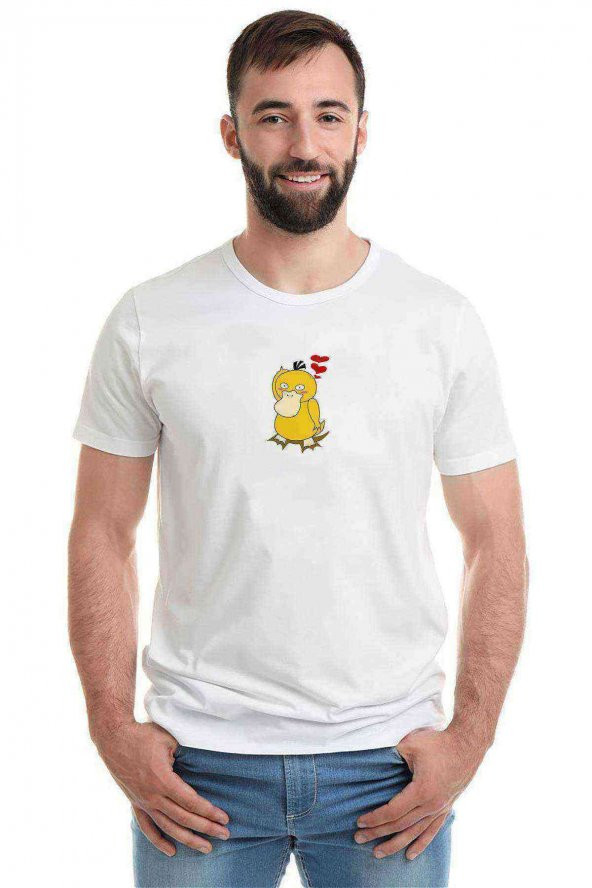 Psyduck Pokemon Saydek Baskılı Beyaz Erkek Tshirt