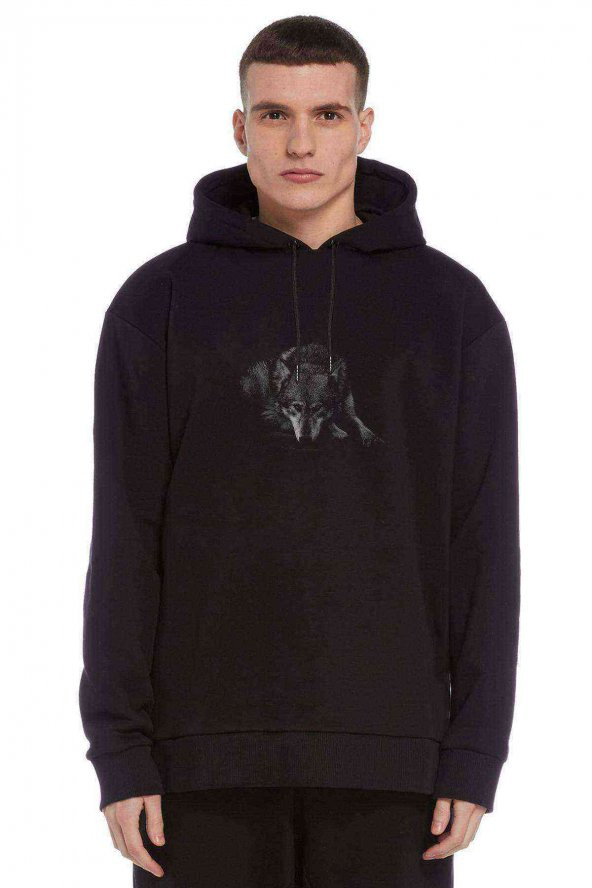 Sad Wolf Baskılı Siyah Erkek Kapşonlu Sweatshirt