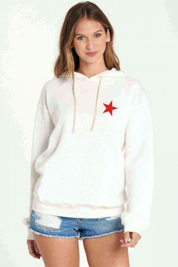 Kızıl Yıldız Baskılı Beyaz Kadın Kapşonlu Sweatshirt