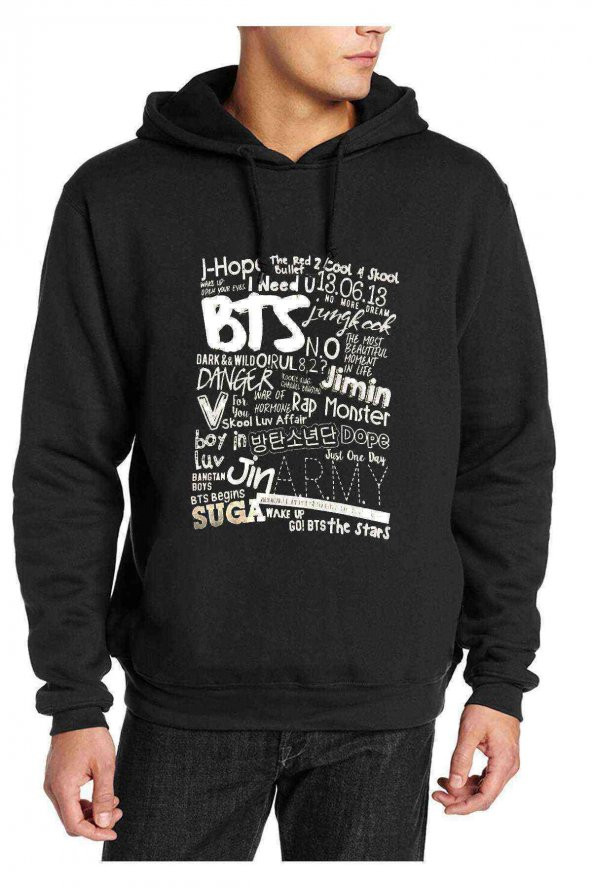 K-pop BTS Baskılı Siyah Erkek Kapşonlu Sweatshirt