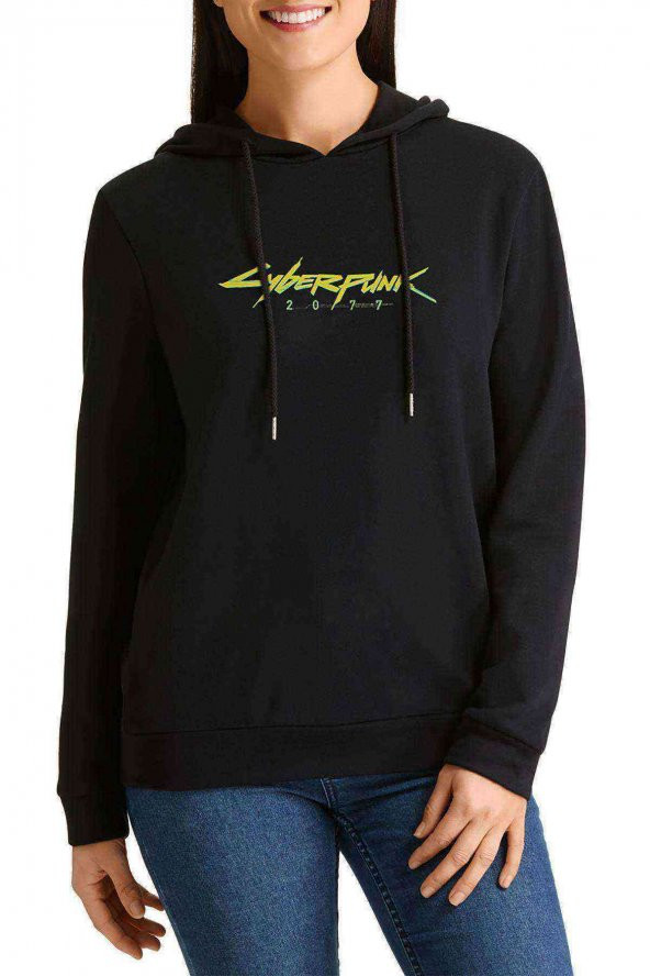 Cyberpunk 2077 Logo Baskılı Siyah Kadın Kapşonlu Sweatshirt