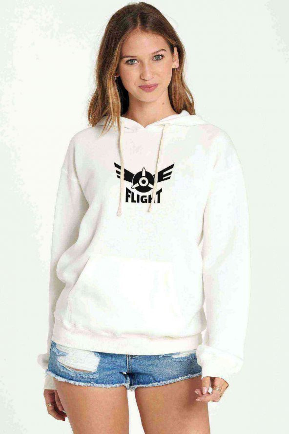 Flight Logo Air Flight Logo Baskılı Beyaz Kadın Kapşonlu Sweatshirt