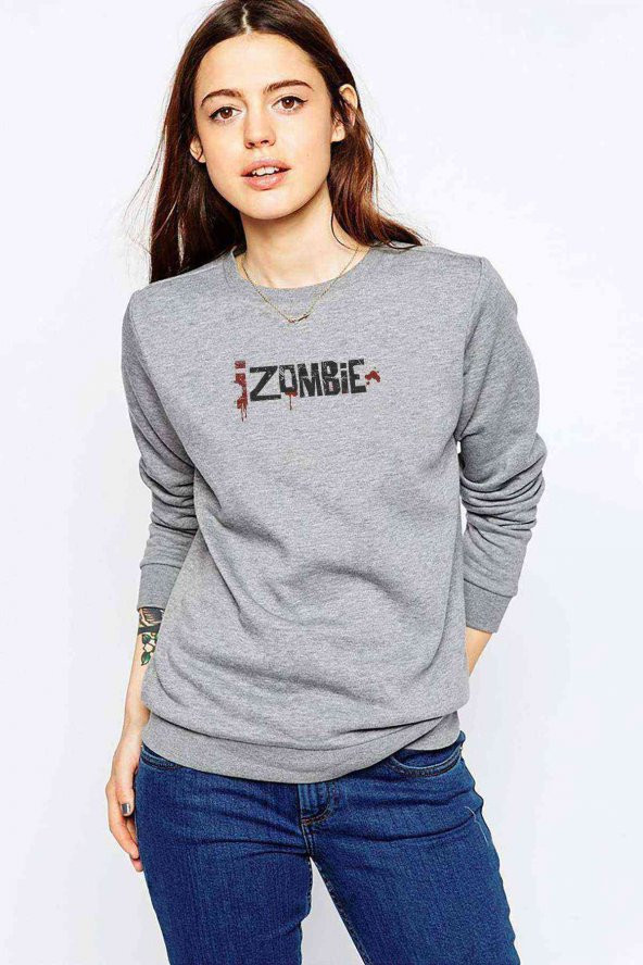 Zombie Logo Baskılı Gri Kadın Sweatshirt
