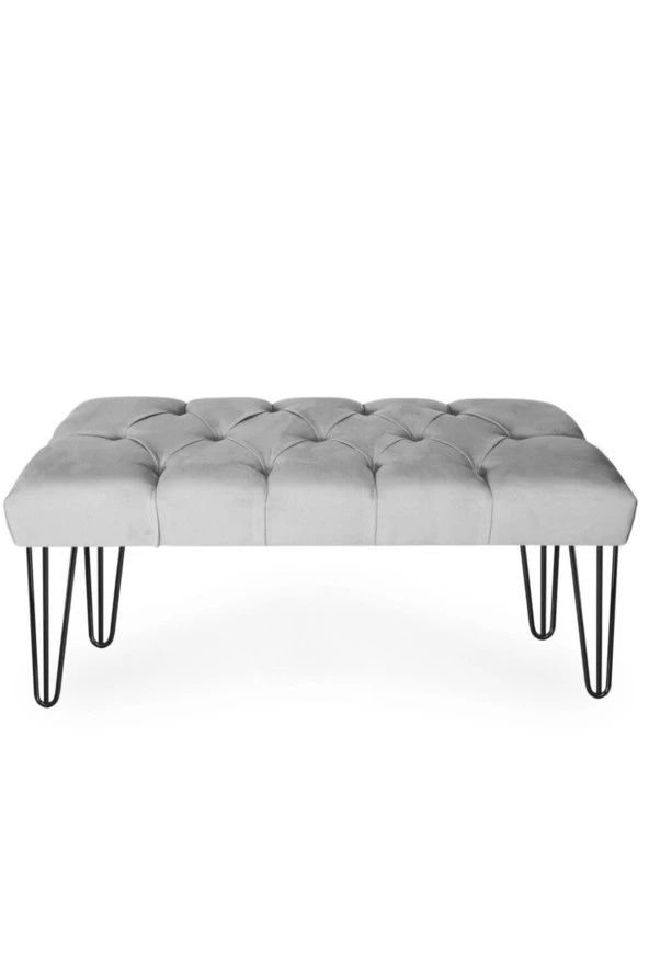 Wuxor Gri Triple Lüks Siyah Metal Ayaklı Bench Kapitoneli Helen Puf