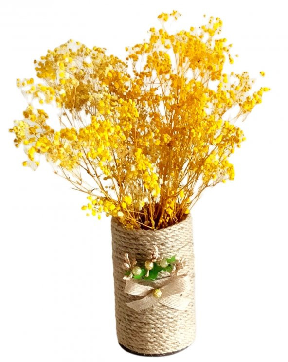 Hasır Vazoda Sarı Renk Cipso Çiçek Dekoratif Saksıda Hediyelik Çiçek