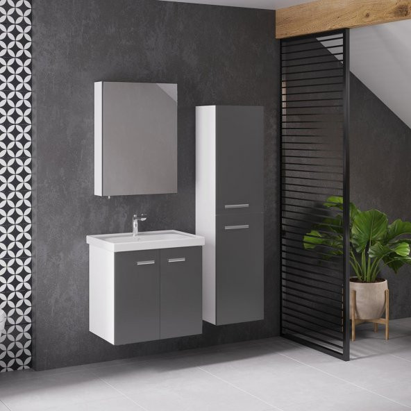 Denko Terra 65 cm MDF Antrasit Gri Banyo Dolabı Takım, Boy Dolabı