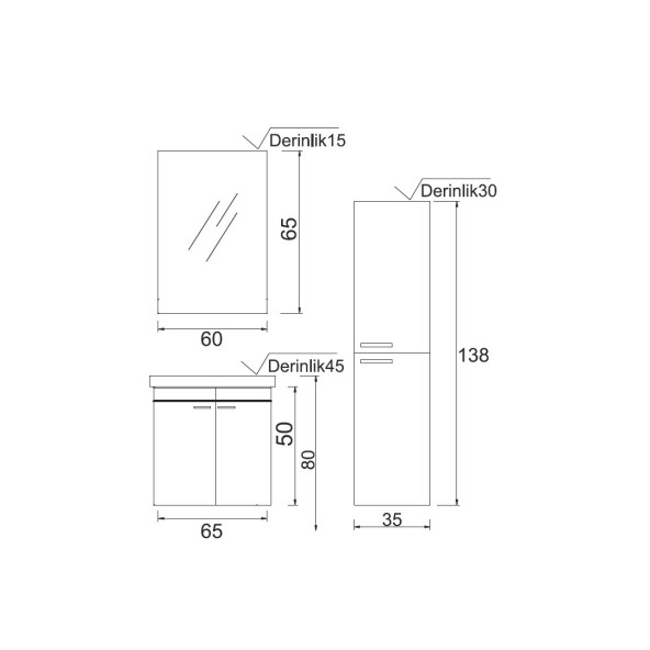 Denko Terra 65 cm MDF Antrasit Gri Banyo Dolabı Takım, Boy Dolabı - 3
