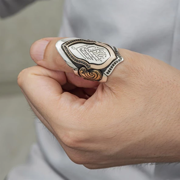 925 Gümüş La Galibe İllallah Yazılı Okçu Zihgir Erkek Yüzük - 7