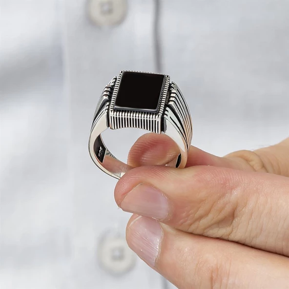 Kare Siyah Oniks Taşlı 925 Gümüş Erkek Yüzük - Resim 7