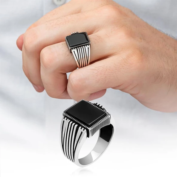 Kare Siyah Oniks Taşlı 925 Gümüş Erkek Yüzük ürün görseli 1