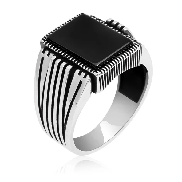 Kare Siyah Oniks Taşlı 925 Gümüş Erkek Yüzük - Resim 10