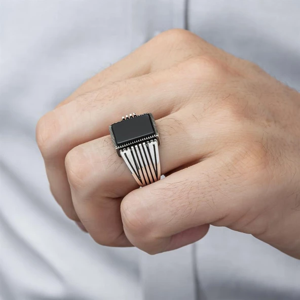 Kare Siyah Oniks Taşlı 925 Gümüş Erkek Yüzük - Resim 5