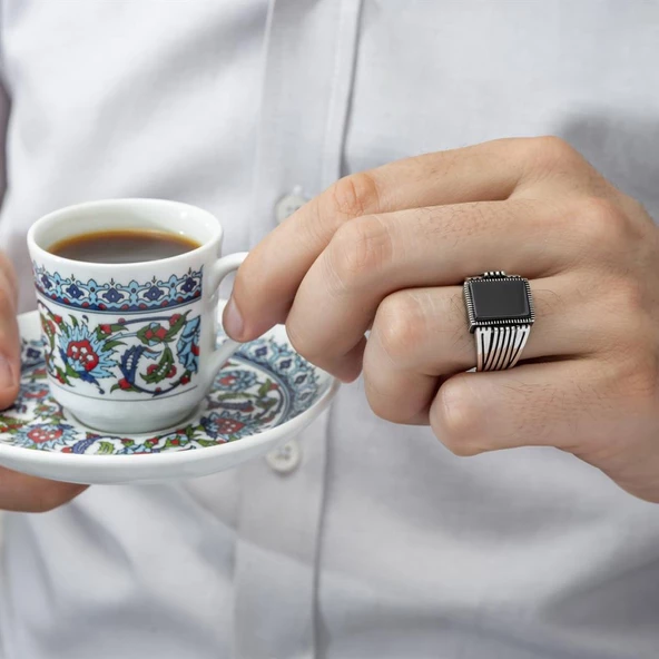 Kare Siyah Oniks Taşlı 925 Gümüş Erkek Yüzük - Resim 11